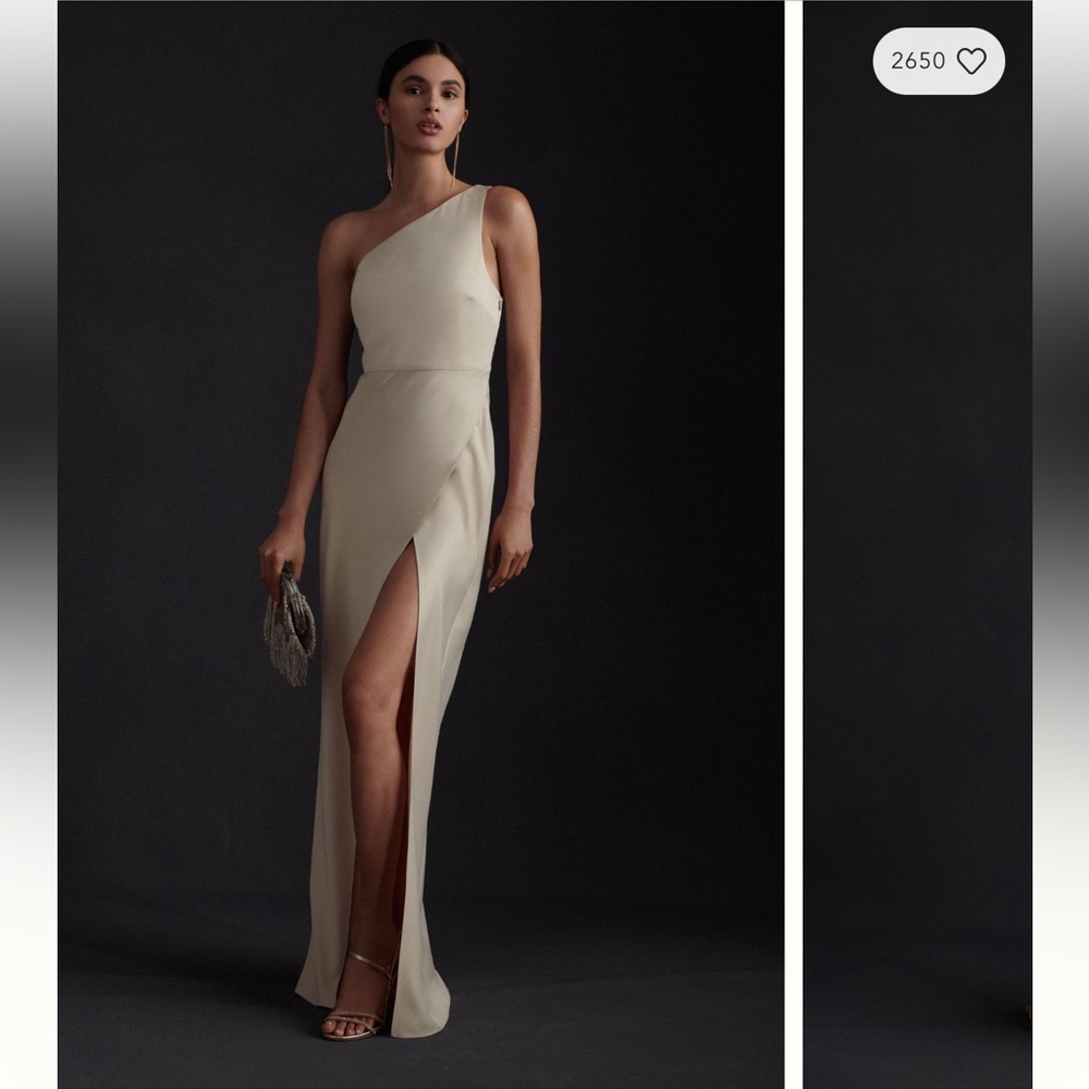 BHLDN Dylan One-Shoulder Satin Side-Slit Gown - Champagne - size 4
